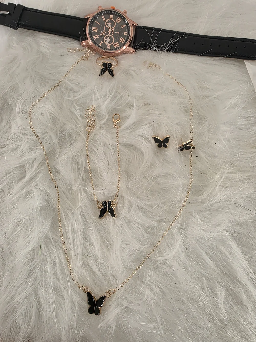 Gold Tone Black Enamel Butterfly Necklace & Bracelet Set